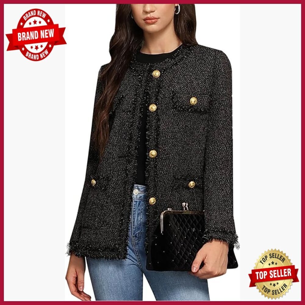 Tweed Blazer Jacket with Pockets, Long Sleeve Open Front Casual Cardigan